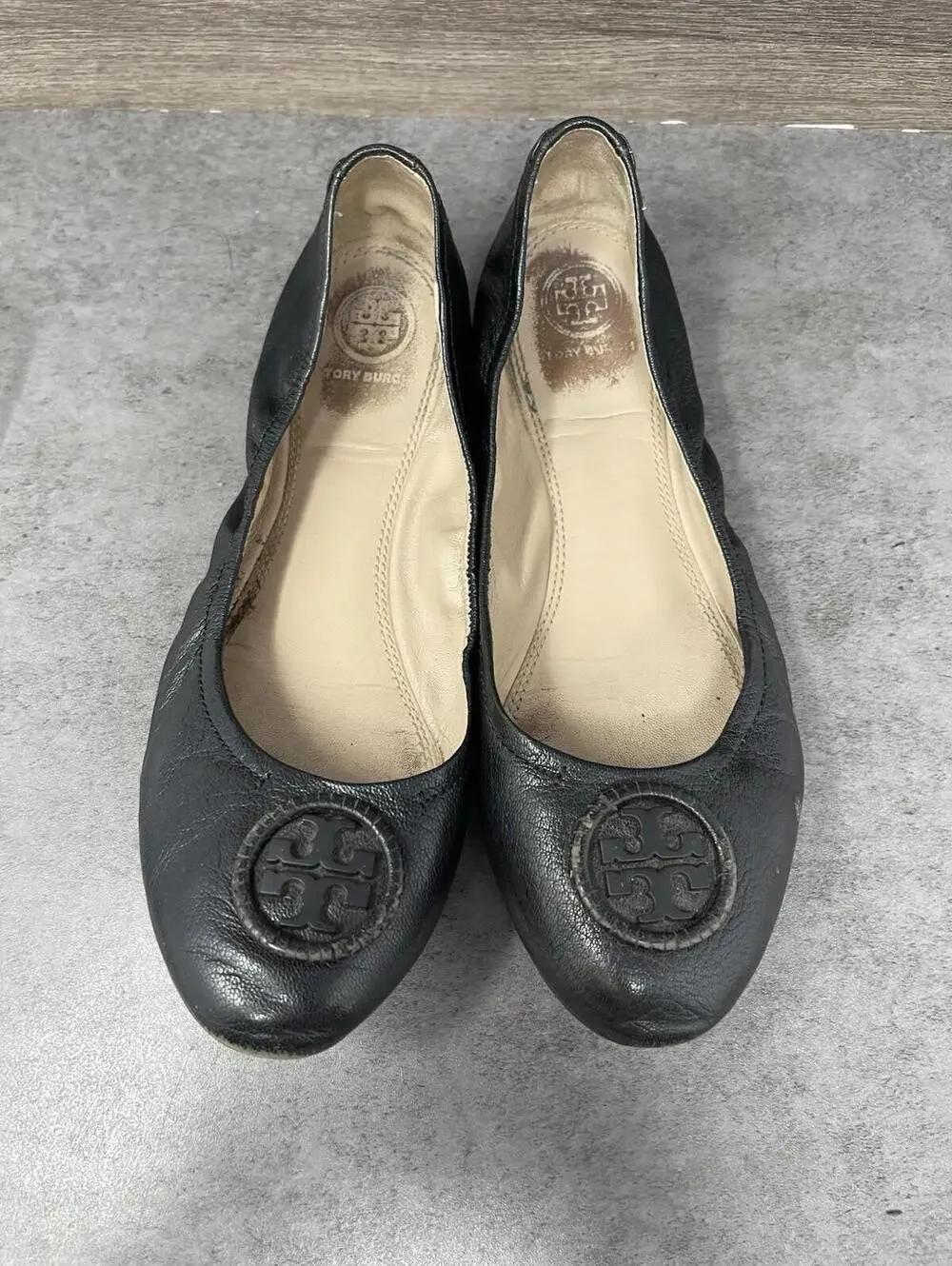 Tory Burch Black Leather Flats Womens Size 8.5 Slip On Shoes